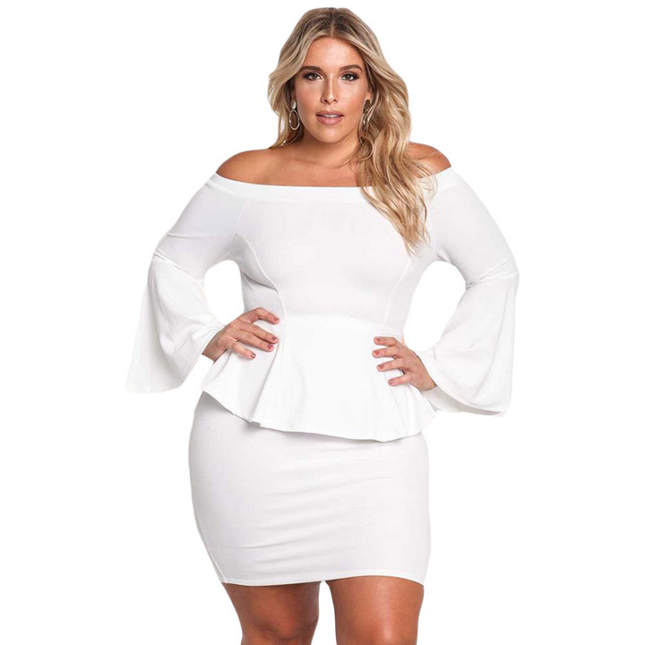 women formal slash neck ruffles flare sleeve mini dress lady work office dress plus size brand
