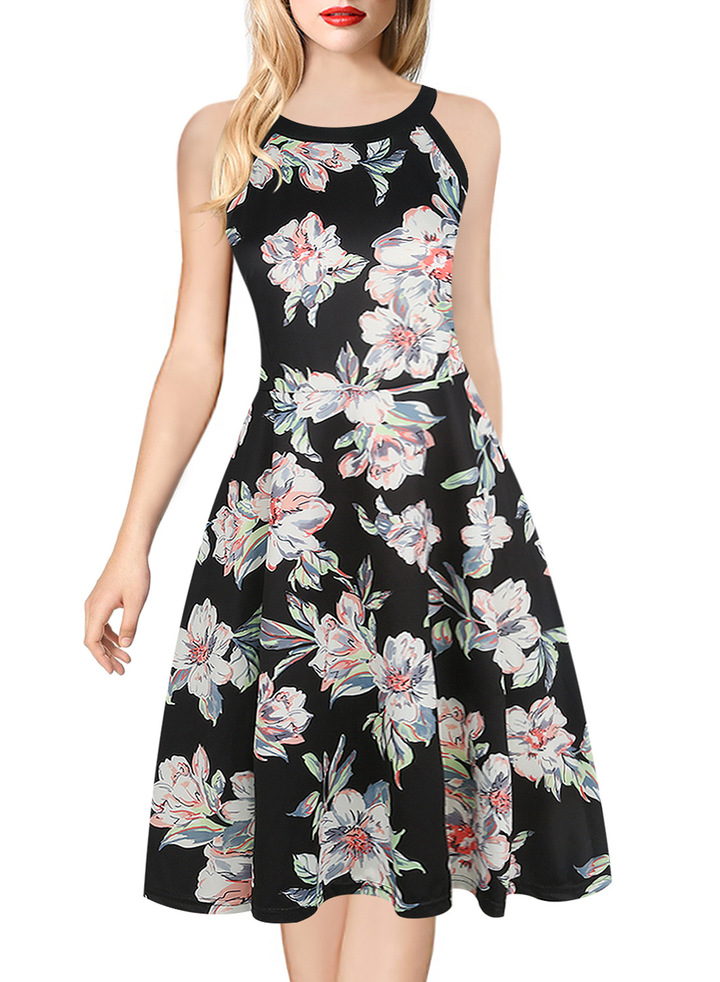 vintage halter sleeveless off the shoulder print dress summer elegant party work dress plus size