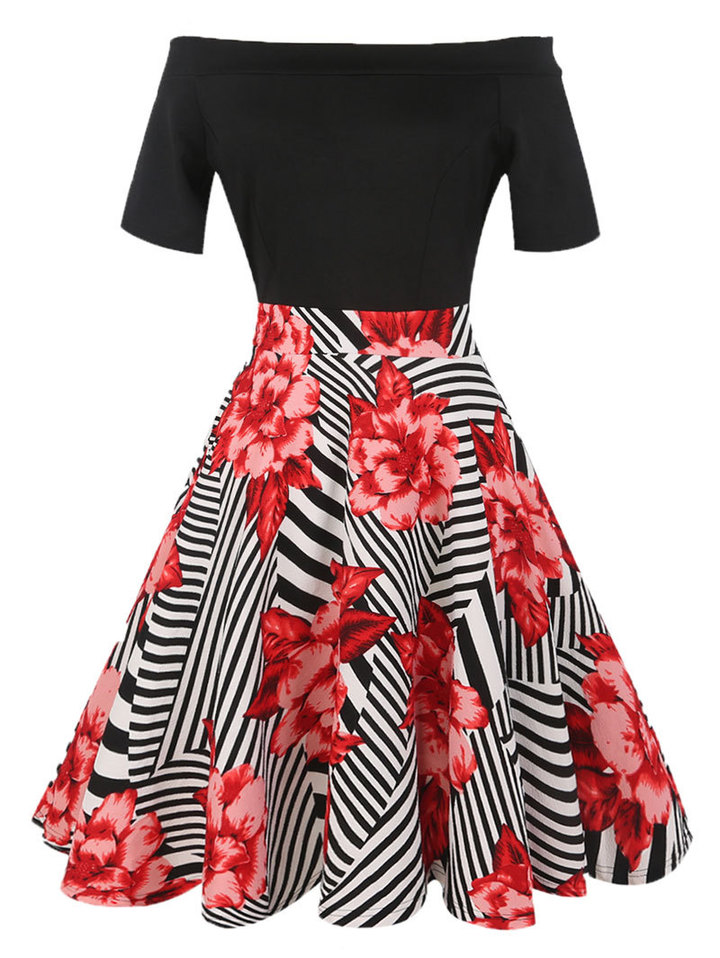 women slash neck short sleeve floral print dress spring autumn office formal dress plus size