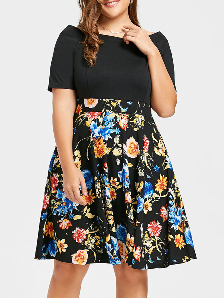 women slash neck short sleeve floral print dress spring autumn office formal dress plus size