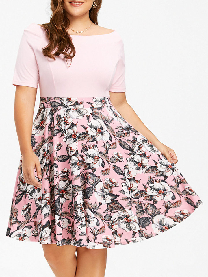 women slash neck short sleeve floral print dress spring autumn office formal dress plus size