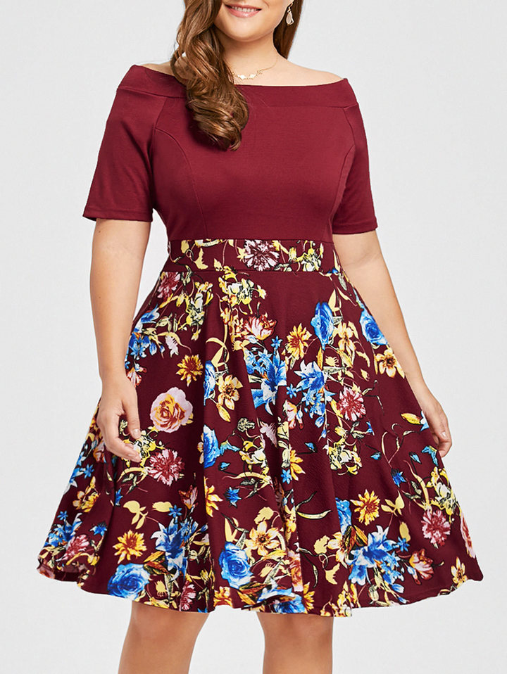 women slash neck short sleeve floral print dress spring autumn office formal dress plus size