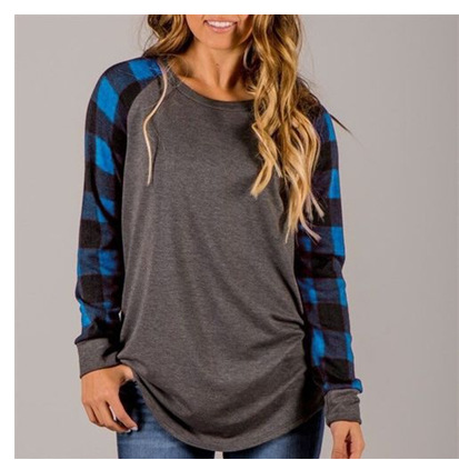 women casual o-neck patchwork full sleeve plaid t-shirt spring work office tops t-shirt brand