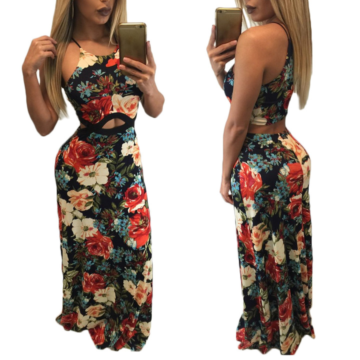 Women bohemian spaghetti strap floor-length dress sexy print summer casual evening party beach dress