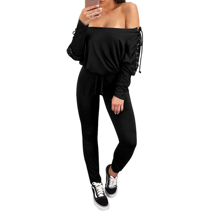 Women long sleeve slash neck skinny ankle-length pants jumpsuit casual party pant jumpsuit brand