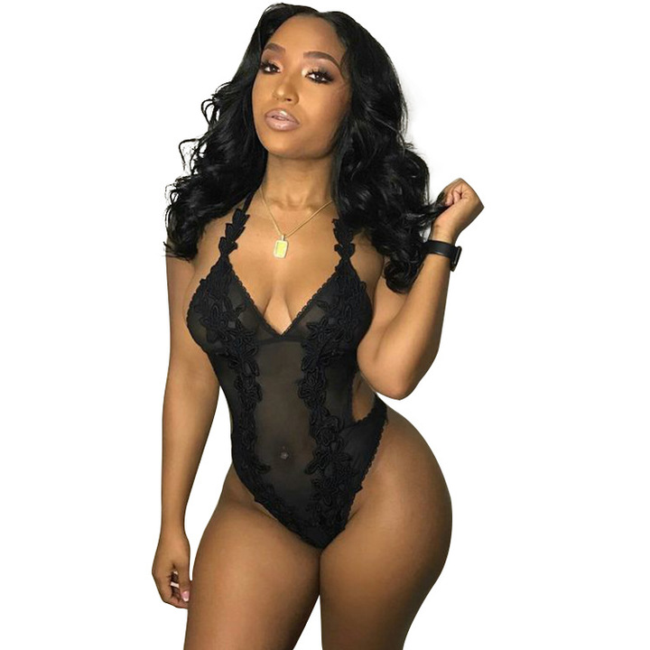 Sexy lingerie deep V lace yarn splicing pants playsuit night club evening party leisure jumpsuit