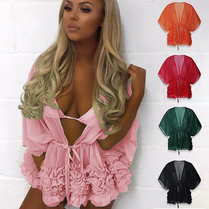 women sexy Chiffon Bikinis beach Batwing Sleeve tops t-shirt lady evening party pure color tops