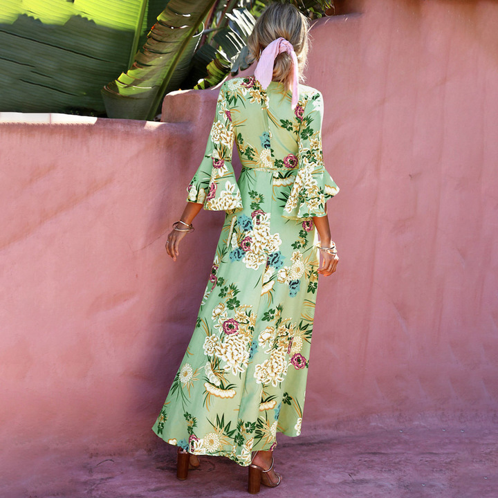 Women Ladies Bohemian v-neck empire flare sleeeve print dress spring evening party beach dress