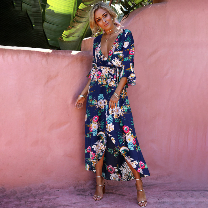 Women Ladies Bohemian v-neck empire flare sleeeve print dress spring evening party beach dress