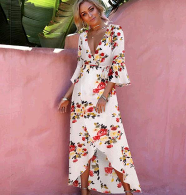Women Ladies Bohemian v-neck empire flare sleeeve print dress spring evening party beach dress