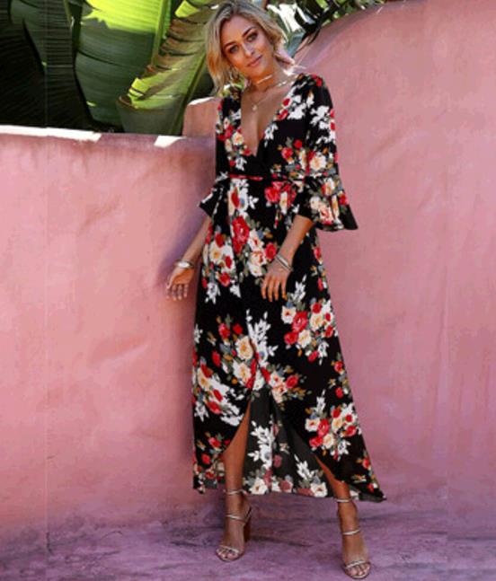 Women Ladies Bohemian v-neck empire flare sleeeve print dress spring evening party beach dress