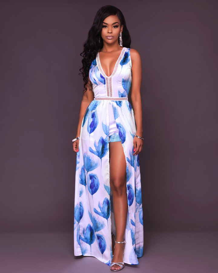 women sexy print leisure evening party pants jumpsuit lady loose split full length jumpsuit pant