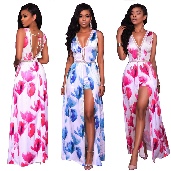 women sexy print leisure evening party pants jumpsuit lady loose split full length jumpsuit pant