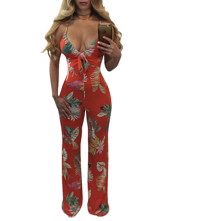 women sexy full length jumpsuits lady casual bow print jumpsuit party straight pant panties brand