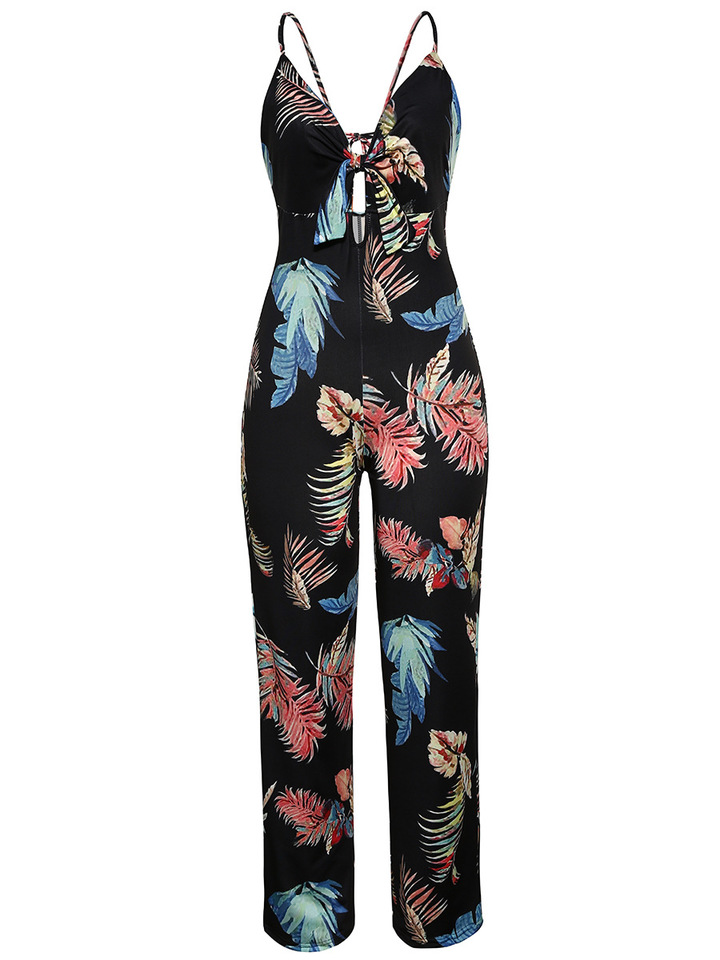 women sexy full length jumpsuits lady casual bow print jumpsuit party straight pant panties brand