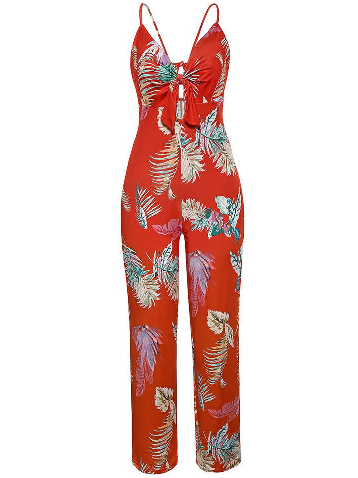 women sexy full length jumpsuits lady casual bow print jumpsuit party straight pant panties brand