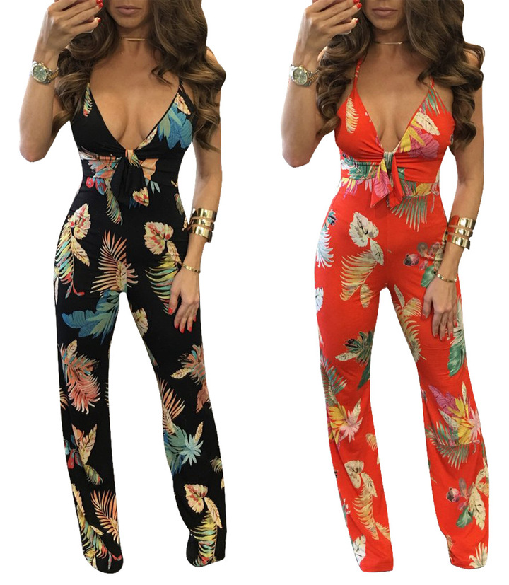women sexy full length jumpsuits lady casual bow print jumpsuit party straight pant panties brand