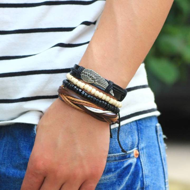 New Angel Wing Hand-ornamented Wood Bead Braided Bead Diy Bracelet Combination Set Bracelet for Male