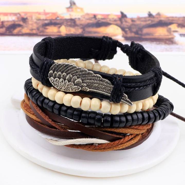 New Angel Wing Hand-ornamented Wood Bead Braided Bead Diy Bracelet Combination Set Bracelet for Male