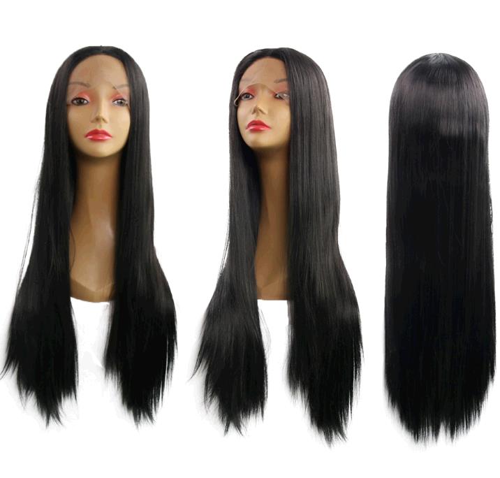 Women Wig Madame Front Lace Long straight black headdress Wigs