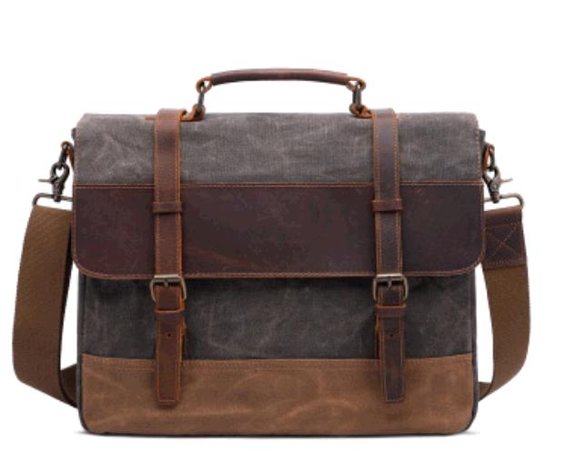 Men Shoulder Bag 15.6 Inch Canvas Bag Crazy Horse Leather Briefcase Vintage Bag Shoulder Handbag