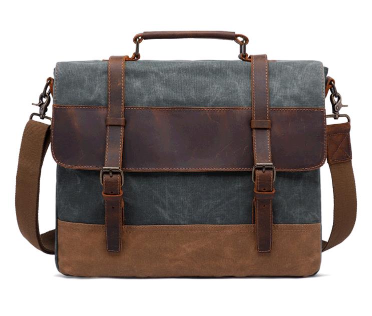 Men Shoulder Bag 15.6 Inch Canvas Bag Crazy Horse Leather Briefcase Vintage Bag Shoulder Handbag