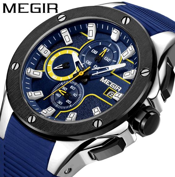 MEGIR Multifunctional Timing Watch Men's Sports Silica Gel Quartz Men's Watch