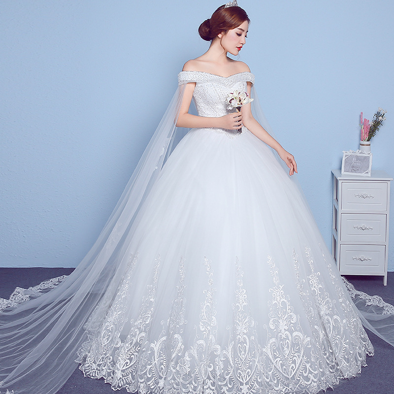 Women Sexy slash neck Gorgeous Off Shoulder Lace Up Wedding Dresses Bride Dresses Ball Gowns