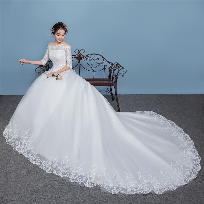 New Slim slash neck Bride's Wedding Dresses Luxurious Long Tail maxi wedding dress