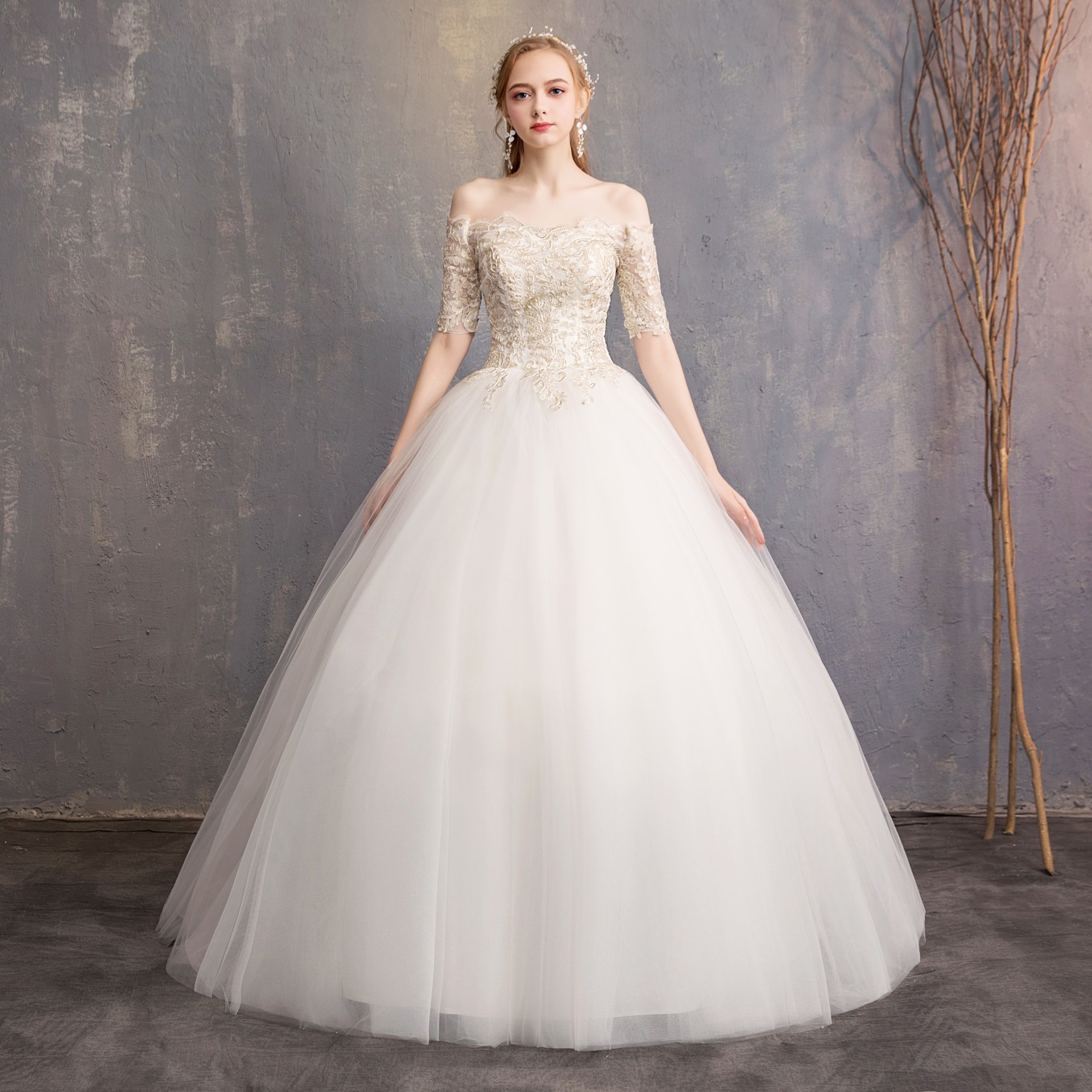 Korean Champagne slash neck wedding dresses Lace Sleeve Slim Bride's Wedding maxi wedding dress