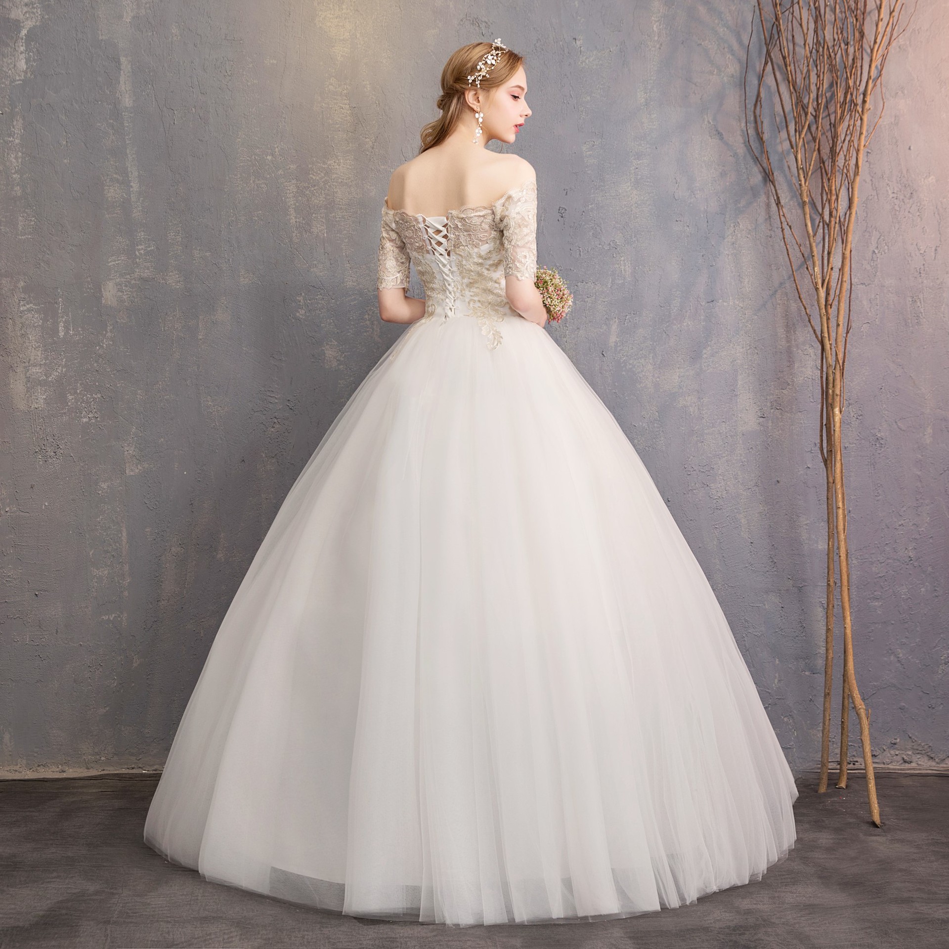 Korean Champagne slash neck wedding dresses Lace Sleeve Slim Bride's Wedding maxi wedding dress