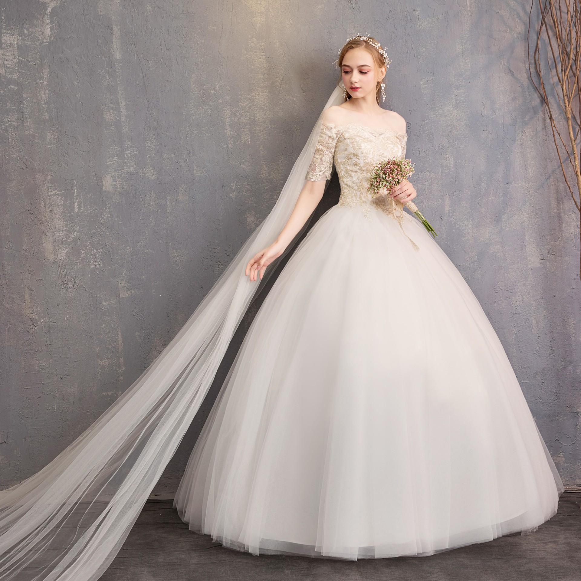 Korean Champagne slash neck wedding dresses Lace Sleeve Slim Bride's Wedding maxi wedding dress