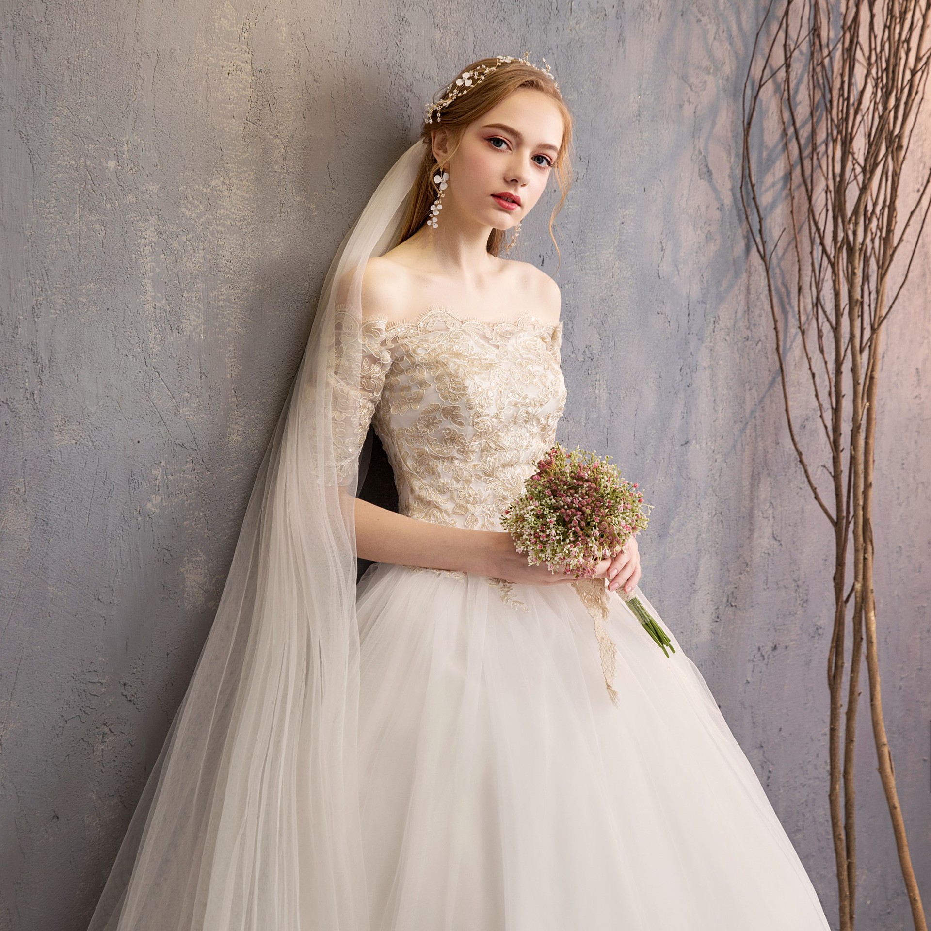 Korean Champagne slash neck wedding dresses Lace Sleeve Slim Bride's Wedding maxi wedding dress