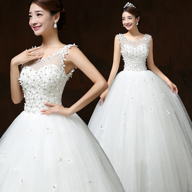 Bride's wedding dress with shoulder lace flowers Korean o neck simple tail wedding dress