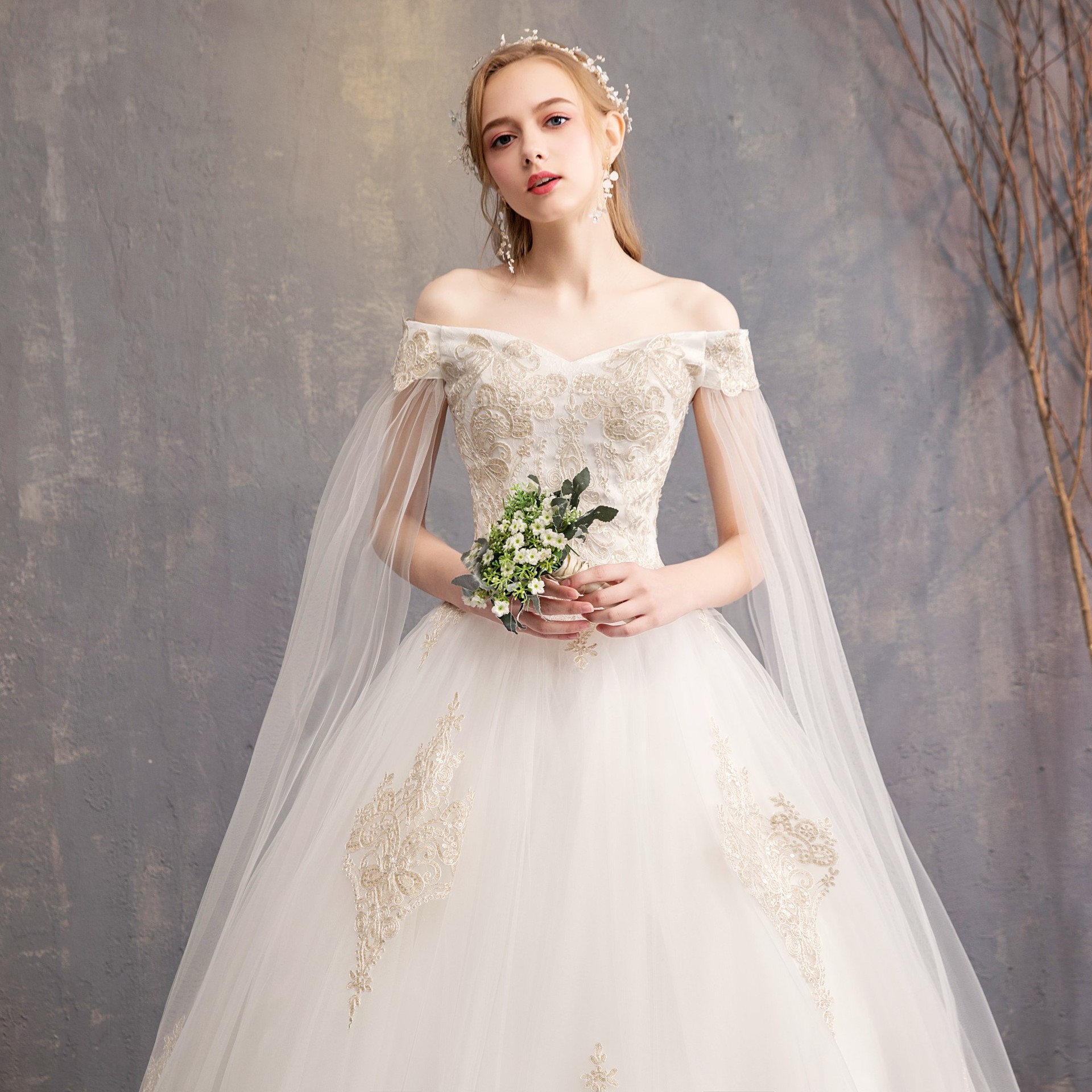 Wedding dress New slash neck strap floating bride wedding dress studio dresses