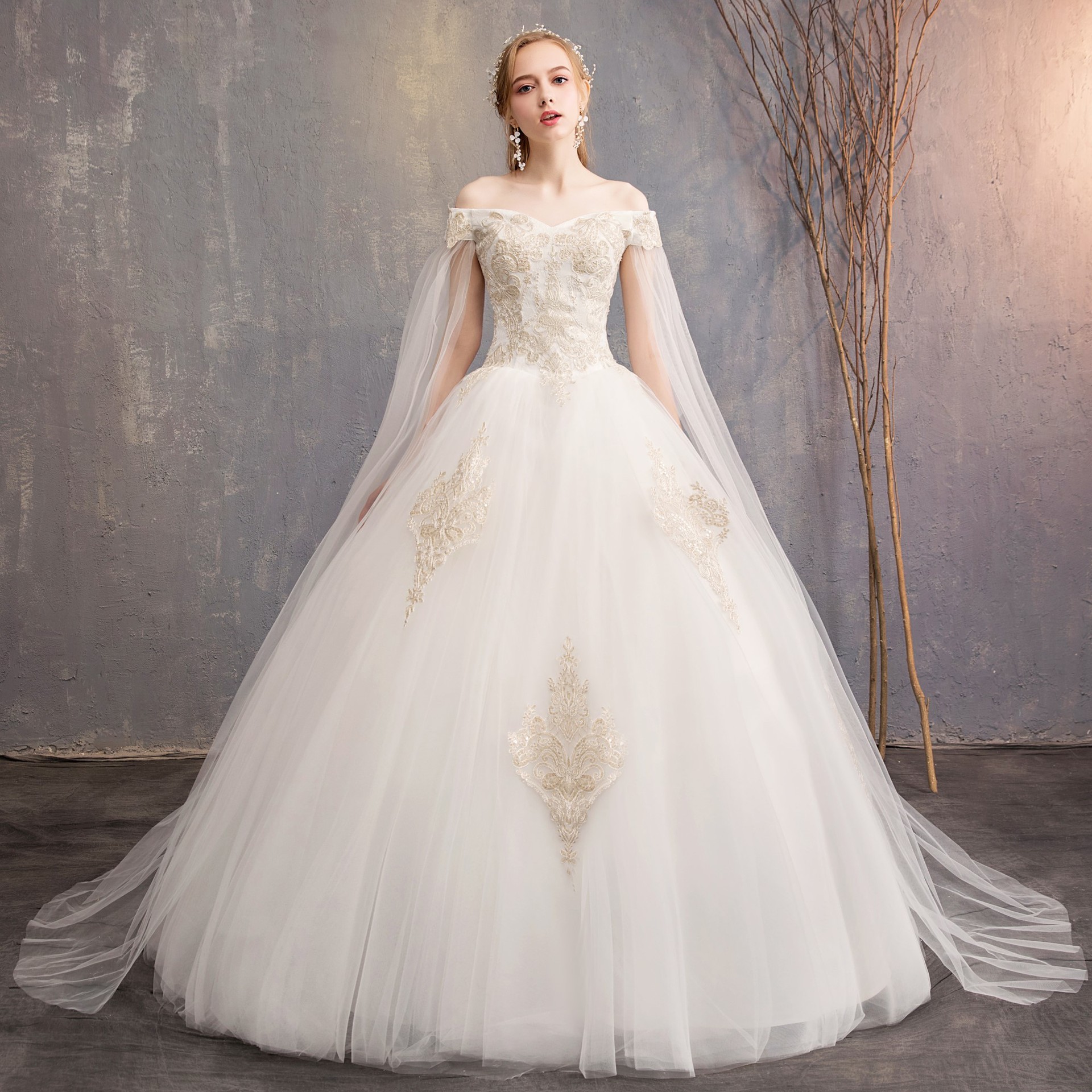 Wedding dress New slash neck strap floating bride wedding dress studio dresses