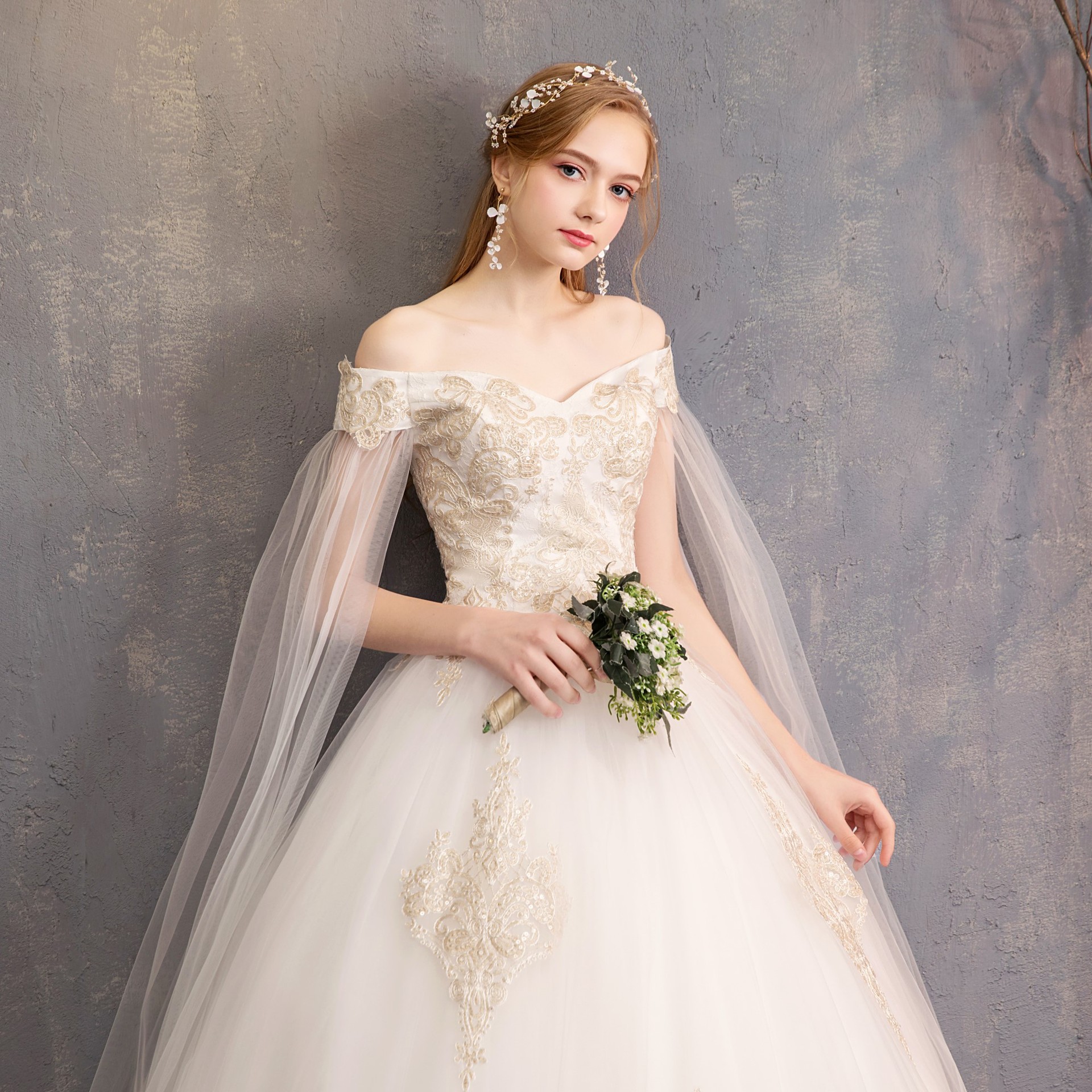 Wedding dress New slash neck strap floating bride wedding dress studio dresses