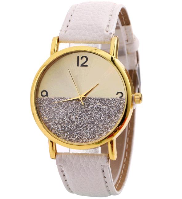 Fashion Female Leather Wrist Watch With Gold Design
