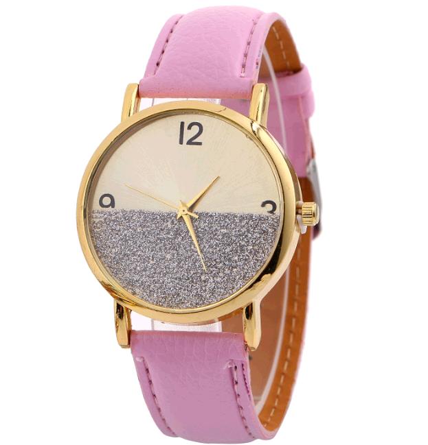 Fashion Female Leather Wrist Watch With Gold Design