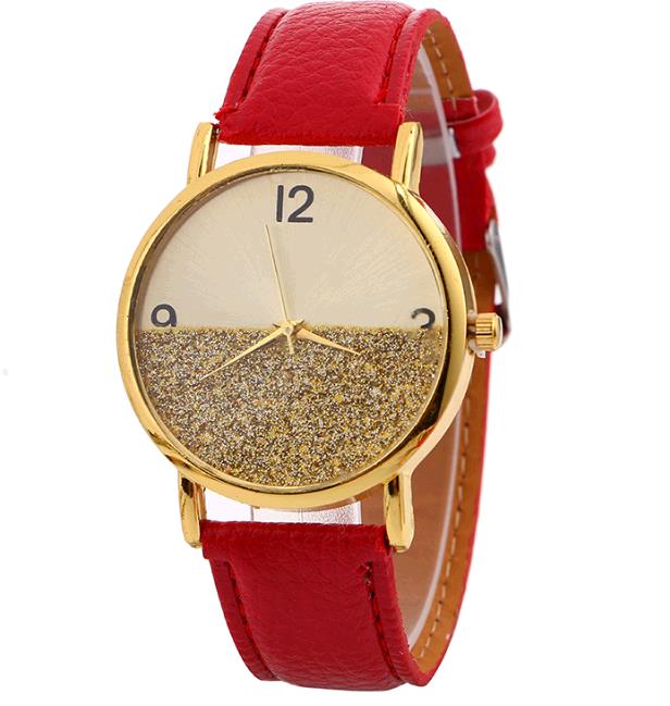 Fashion Female Leather Wrist Watch With Gold Design