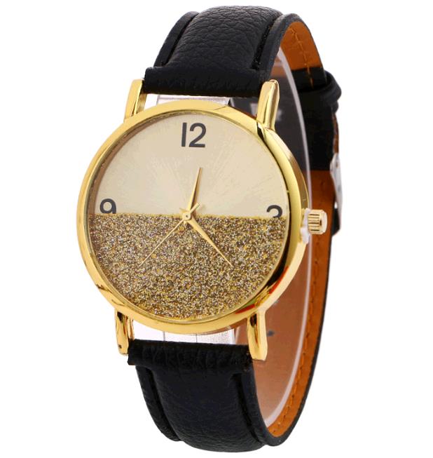 Fashion Female Leather Wrist Watch With Gold Design