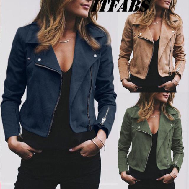 Women Jacket Turn-down Collar Zipper Suede Bomber Jacket Spring Autumn Fashion Classic Moto Biker