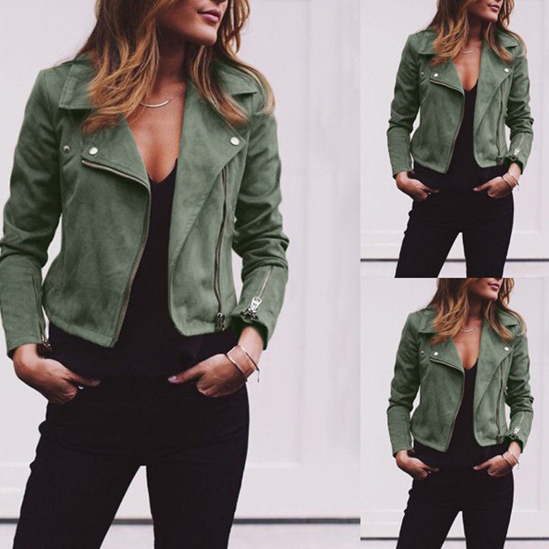 Women Jacket Turn-down Collar Zipper Suede Bomber Jacket Spring Autumn Fashion Classic Moto Biker
