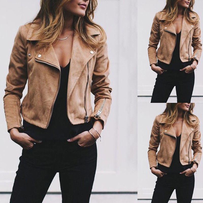 Women Jacket Turn-down Collar Zipper Suede Bomber Jacket Spring Autumn Fashion Classic Moto Biker