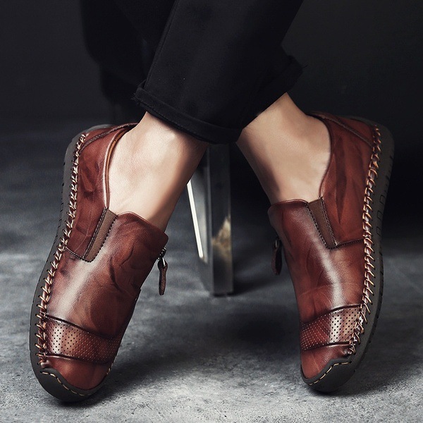Men Hand Stitching Zipper Slip-ons Genuine leather Shoes