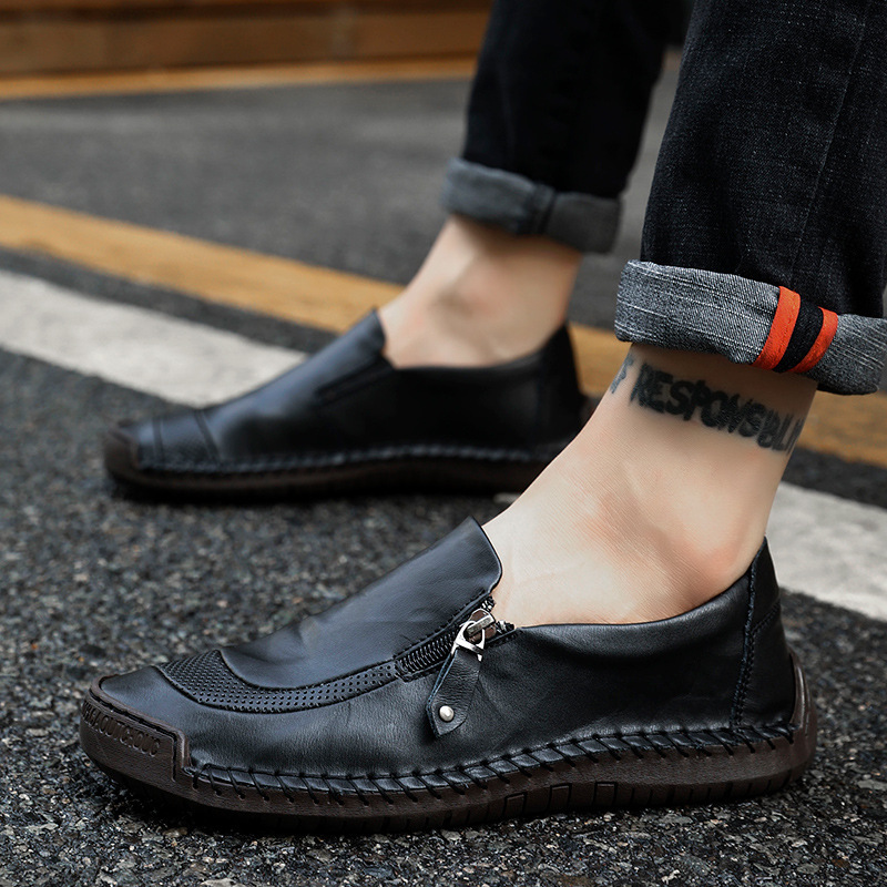 Men Hand Stitching Zipper Slip-ons Genuine leather Shoes