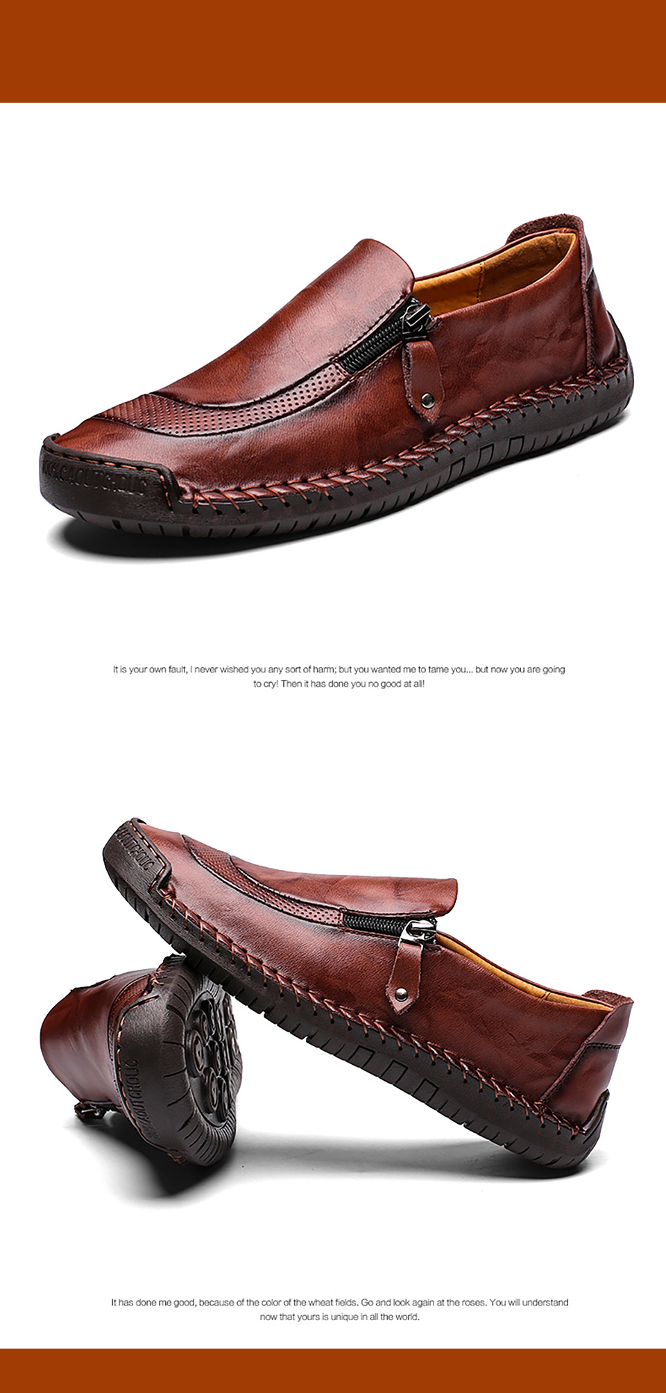 Men Hand Stitching Zipper Slip-ons Genuine leather Shoes
