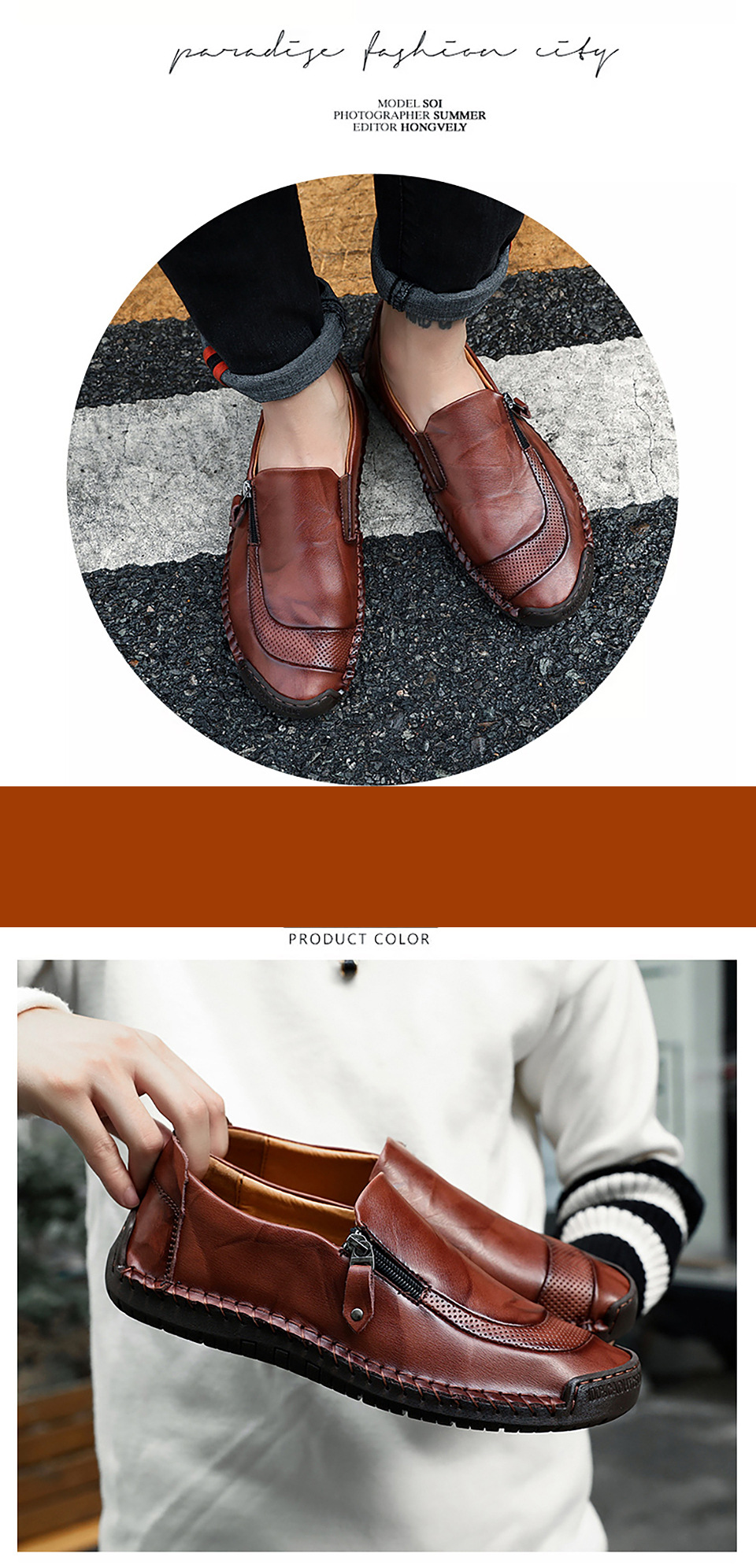 Men Hand Stitching Zipper Slip-ons Genuine leather Shoes