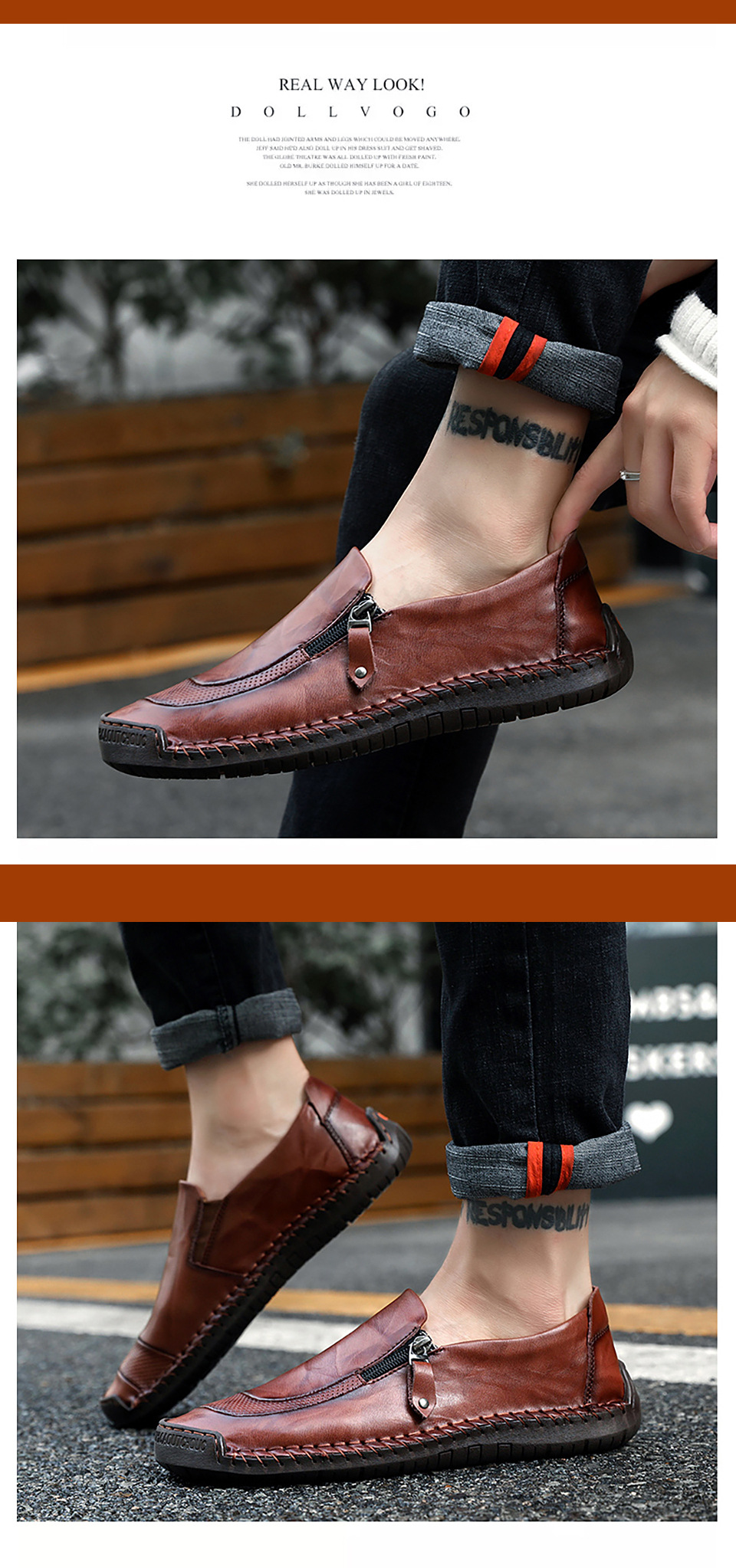 Men Hand Stitching Zipper Slip-ons Genuine leather Shoes