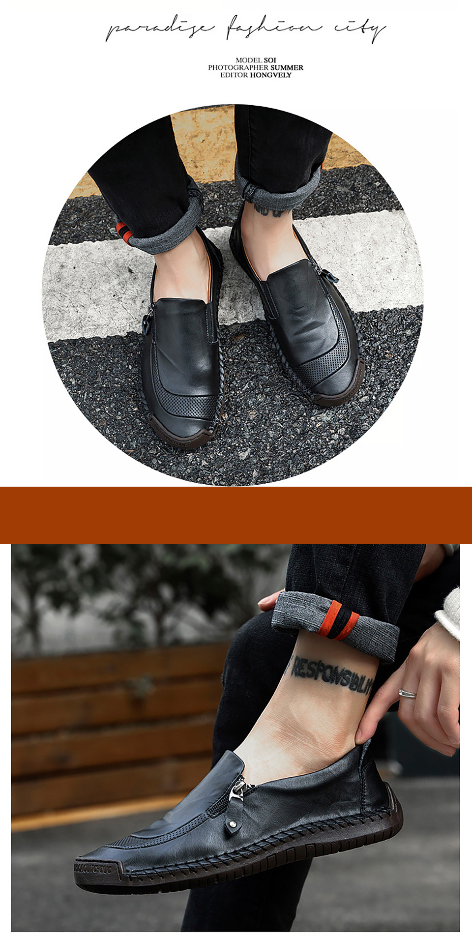 Men Hand Stitching Zipper Slip-ons Genuine leather Shoes